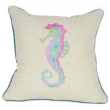 Square Coastal Embroidered Seahorse Feather Filled Throw Pillow