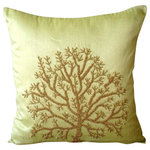 The HomeCentric - Metallic Beaded Tree Green Art Silk 18"x18" Throw Pillow Covers, Tree Of Life - Tree Of Life is an exclusive 100% handmade decorative pillow cover designed and created with intrinsic detailing. A perfect item to decorate your living room, bedroom, office, couch, chair, sofa or bed. The real color may not be the exactly same as showing in the pictures due to the color difference of monitors. This listing is for Single Pillow Cover only and does not include Pillow or Inserts.