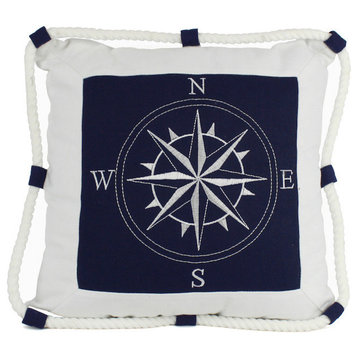 Decorative Throw Pillow, Blue Compass With Nautical Rope, 16"