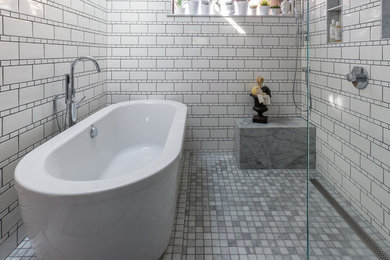 Inspiration for a mid-sized transitional master bathroom in San Francisco with a freestanding tub, an open shower, white tile, subway tile and marble floors.