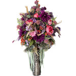 SilkInBloom - Whispers of Autumn in Exotic Copper Vase - This Luxurious Tall Floral Centerpiece will add a touch of Class, Elegance and Beauty to your home. Gorgeous flowers including Dahlias, Peonies, Roses and Ranunculus along with Melaleuca Exotic blooms are artfully arranged in a Beautiful Copper Vase. The colors of flowers in burgundy, pink and lilac along with golden/green colored greenery and a variety of carefully selected twigs and branches in earthy colors beautifully complement the vase. Light olive green Amaranthus completes the design by bringing focus to the lace like carvings on the vase. This is a one sided design, the back of the design has a variety of greens. This type of design is perfect for displaying against the wall or mirror, it would look amazing on a Pedestal Table, Console Table or Dining Room Buffet.  It can also be displayed on a Pedestal in the corner of a room. Treat yourself and enjoy this Unique Floral Decor piece for many years to come. Handmade with love by Chicago Floral Designer.