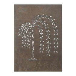 USA Handcrafted - Four Handcrafted Punched Tin Cabinet Panel Primitive Willow Tree Design, Blacken - Decorative Objects And Figurines
