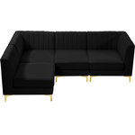Meridian Furniture - Alina Velvet Modular L-Shaped Modular Sectional, Black, 4-Piece: 2 Armless Chair, 2 Corner Chair - Bring modern beauty to your space with the addition of this Alina Velvet Modular sectional. This beautiful sectional features deep channel tufting to ramp up its visual interest and add to its resilient demeanor. Its soft black velvet upholstery blends nicely with existing elements in your room and is sleek to the touch, making this seat a super comfortable one. Part of the modular Alina collection, this sectional has a latch that attaches it to other pieces to create your custom seating arrangement.
