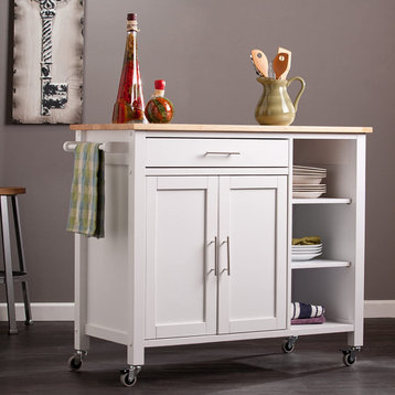 Transitional Kitchen Island Cart, Doors & Drawers With Wooden Top, White Finish