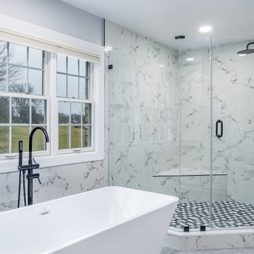 Master Bathroom Remodeled With White Flooring, Bathtub, Shower, Highland MD