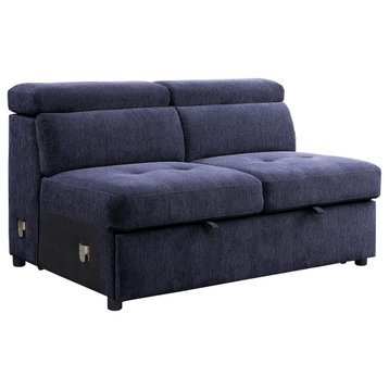 ACME Nekoda Fabric Sleeper Sectional Sofa with Storage and Ottoman in Navy Blue