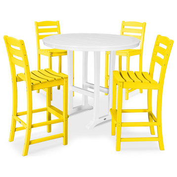 Polywood 5-Piece La Casa Side Chair Bar Dining Set, Lemon/White