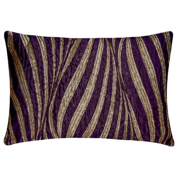 Purple Silk Beaded 12"x18" Lumbar Pillow Cover - Purple N Gold Waves