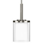 Progress Lighting - Mast Collection 1-Light Mini-Pendant, Brushed Nickel - An alliance of clear and etched glass shades creates the appearance of a votive candleholder in the Mast one-light mini-pendant. Perfect for brightening a countertop or pairing with a second pendant for added light over a dining table or kitchen island in coastal and modern farmhouse interiors.