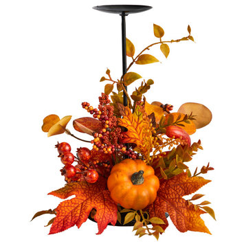 12" Fall Maple Leaves, Berries and Pumpkin Autumn Harvest Candle Holder