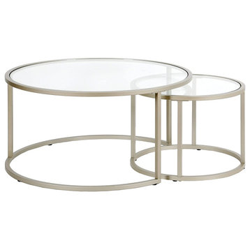 Contemporary Nesting Coffee Table Set, Metal Frame With Glass Top, Satin Nickel