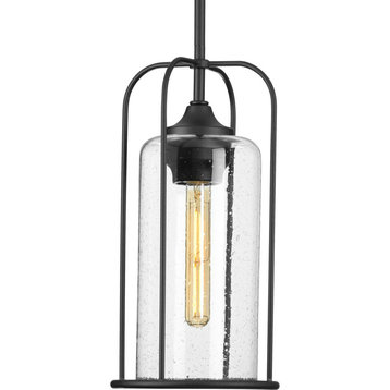 Watch Hill 1-Light Textured Black Clear Seeded Glass Farmhouse Pendant Lantern