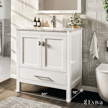Eviva London Transitional Bathroom Vanity With White Carrara Top, White, 30"