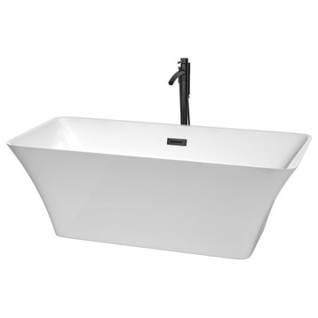 Tiffany 67" Freestanding White Bathtub, Black Tub Filler, Drain & Overflow Trim