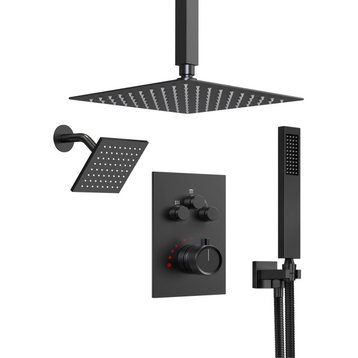 Dual Heads Shower System 12" Rain Shower Head with 3 Way Thermostatic Faucet, Matte Black