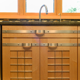 Small modern u-shaped kitchen pantry in Other with a double-bowl sink, flat-panel cabinets, light wood cabinets, quartzite benchtops, multi-coloured splashback, matchstick tile splashback, stainless steel appliances, porcelain floors and no island.