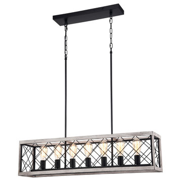 FD10031/7WB 40" 7-Light Indoor Matte Black and Faux Wood Grain Chandelier