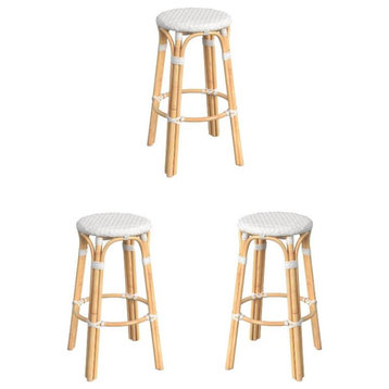 Home Square 30" Round Rattan Bar Stool in Glossy White - Set of 3