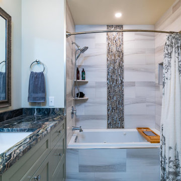 Primary Bath with Explosion Blue Quartzite Countertops