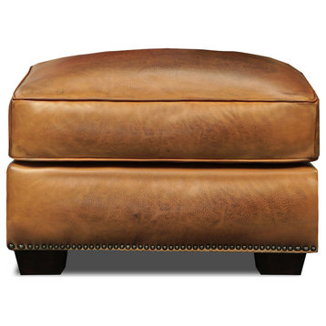 Valencia 100% Top Grain Hand Antiqued Leather Traditional Ottoman, Tan