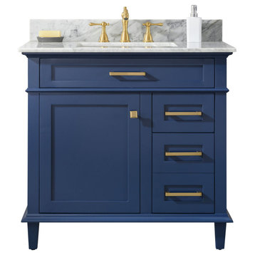 36" Blue Sink Vanity Cabinet With Carrara White Top