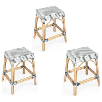 Home Square 3 Piece Rattan Counter Stool Set in Navy and White