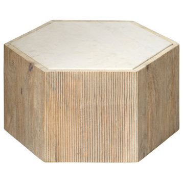 Small Argan Hexagon Table, Natural Wood and White Marble