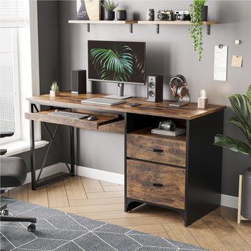 Industrial Desk, Spacious Top With Keyboard Tray & Storage Drawers, Rustic