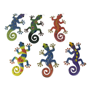 Pink with Dark Dots Global Crafts 8 Painted Gecko Recycled Haitian Metal Wall Art Multi-Colored