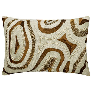 Ivory & Gold Silk 12"x24" Lumbar Pillow Cover Beaded & Agate - Agate Mystery