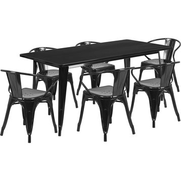 31.5"x63" Rectangular Black Metal 6-Piece Table Set Arm Chairs