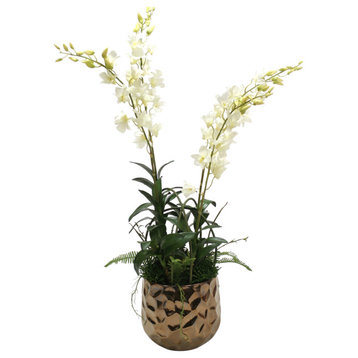 White Orchids and Greenery Mix in Burnt Gold Gabi Planter