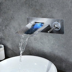 Contemporary Wall Mount LED Water Fall Nickle Brushed Solid Brass Faucet - Bathroom Sink Faucets