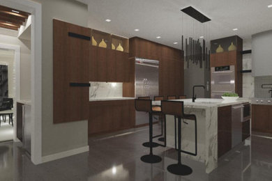 Large trendy galley porcelain tile eat-in kitchen photo in Baltimore with a farmhouse sink, flat-panel cabinets, medium tone wood cabinets, quartzite countertops, white backsplash, stone slab backsplash, stainless steel appliances, an island and white countertops