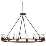Kira Home - Kira Home Jericho 48" Rustic Farmhouse Wagon Wheel Chandelier, Round Kitchen - *[RUSTIC DESIGN] This 16-light wagon wheel chandelier is an instant centerpiece, showcasing a unique warm oak wood style finish to instantly upgrade your entryway or living room. The wide, large hanging light includes high-end textured black accents and unique patented design (Patent: 11,054,098), while casting a warm glow over its installed space, making it a prime choice amongst designers and builders