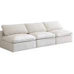 Meridian Furniture - Plush Velvet / Down Standard Comfort Modular Sofa, Cream, 3-Piece: 3 Armless Chair - No matter how big or little the size of your gang, they can all find their sweet spot when you choose pieces from the Plush collection to build your ideal seating group. Choose this individual Plush piece or pair multiple pieces together to get the custom look everyone will love. The soft cream velvet material is soft and welcoming to the touch, and the set's cushions are overstuffed with a down and feather blend to provide ample support for tired bodies.