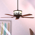 Vaxcel - Yellowstone 56" Moose Ceiling Fan Burnished Bronze - Evoking the spirit of the wilderness, this rustic themed ceiling fan is clad in a burnished bronze finish and features silhouetted moose imagery atop glowing amber flake glass. It a great choice for a vacation lodge, cabin or a suburban home - it will complement a variety of home styles: anywhere you want to bring an element of nature. Add a light kit (sold separately) to brighten up your space. This fan is compatible with sloped ceilings and includes a 6 inch down rod (longer down rods sold separately). Remote control included for added convenience. Blades are reversible; choose between rosewood and dark walnut. Unique lighted motor housing with energy saving LED bulbs (included).