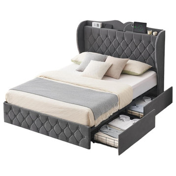 Contemporary Platform Bed, Tufted Headboard & 4 Rolling Drawers, Gray/Full