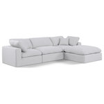 Meridian Furniture - Comfy Upholstered L-Shaped Modular Sectional, White, 4-Piece: 1 Armless Chair, 2 Corner Chair, 1 Ottoman, Linen Textured Fabric - Give your space a whole new look with this white Comfy linen textured fabric sectional. This handsome sectional fits nicely with other items in the Comfy collection and is a versatile seating option designed for adaptability, comfort and style. Wrapped in rich white durable linen textured fabric upholstery, this sectional offers a plush embrace of overstuffed down feather cushions, carefully crafted to deliver the highest level of comfort. The perfect seat for creating an oasis for relaxation, this sectional has thick foam surrounding its frame for added support and coziness.