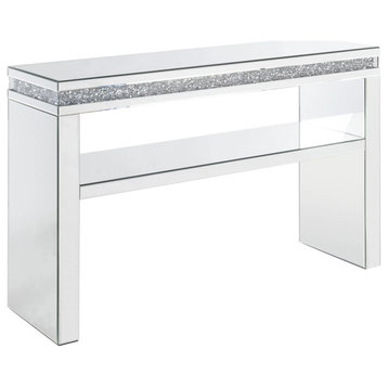 Contemporary Console Table, Shiny Mirrored Frame & Faux Diamonds Inlay, Silver