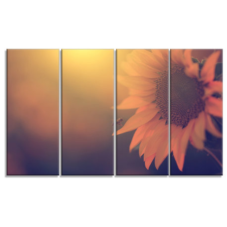 Vintage Photo Of Sunflower Close up, Floral Canvas Print, 48"x28", 4 Panels