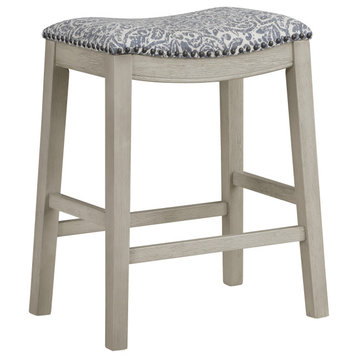 Saddle Stool 24" Counter Height in Damask Navy Fabric with White-washed Finish