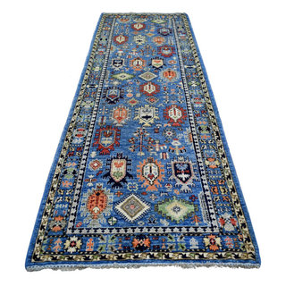 Blue Afghan Ersari with Large Elements Design Wool Runner Rug, 4'4