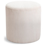 Meridian Furniture - Roy Microsuede Fabric Upholsetered Ottoman/Stool, Beige, Round - Upgrade your living space with the Roy Microsuede Fabric Ottoman/Stool. This versatile piece of furniture not only adds a pop of color to your room but also serves as a comfortable and practical seating option. The soft beige microsuede fabric and corduroy texture provide a cozy and inviting feel that blends seamlessly into any decor style. The round compact design of the Roy Microsuede Fabric Ottoman/Stool makes it perfect for small spaces, while the sturdy construction ensures durability and longevity.