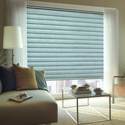 Contemporary Teal Living Room Custom Window Roman Shades by Hunter Douglas - Roman Shades