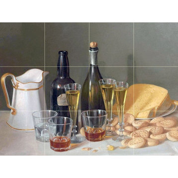 Tile Mural, Still Life With Cheese and Wine Ceramic Matte