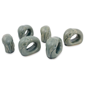 Guardian Elephant Celadon Ceramic Napkin Rings, Set of 6