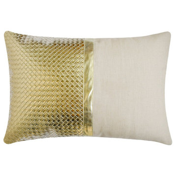 Gold Faux Leather 12"x16" Lumbar Pillow Cover Patch Work, Solid - Lux Gold