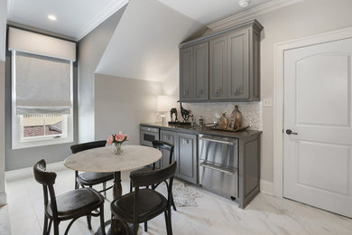 Dry bar - mid-sized transitional single-wall white floor dry bar idea in Other with no sink, raised-panel cabinets, gray cabinets, white backsplash and mosaic tile backsplash