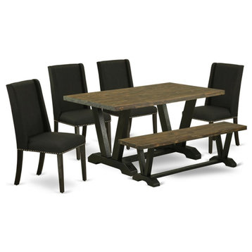 East West Furniture V-Style 6-piece Wood Dining Table Set in Jacobean/Black